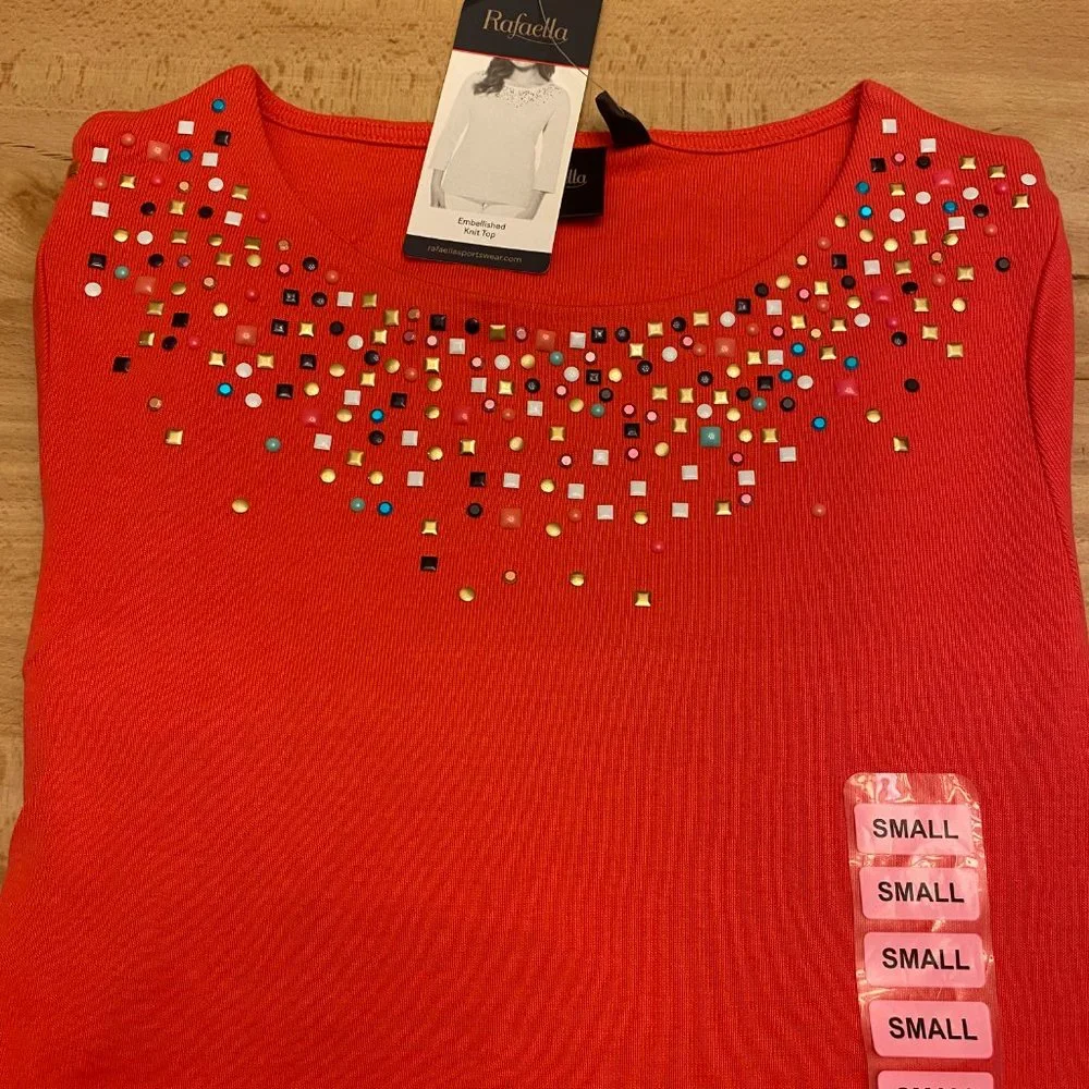 NWT Rafaella Women's Embellished Knit Pullover Top 3/4 Sleeve - Size Small - Picture 1 of 4